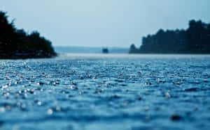 藍色湖面上的雨滴，遠處有樹木 — 雨 壁紙