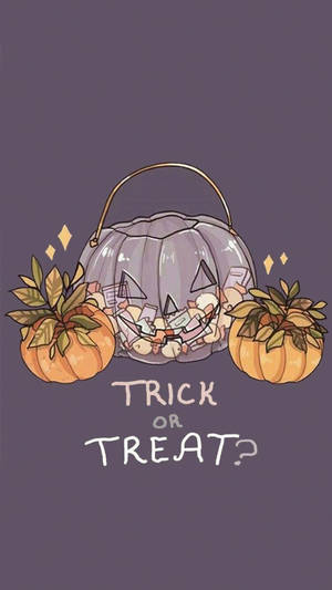 紫色傑克南瓜燈糖果桶，上面有 trick or treat 字樣，兩側有南瓜。