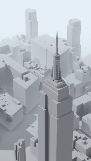 單色3D渲染，呈現風格化的城市，中央有一座摩天大樓。