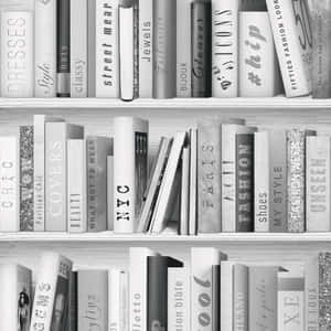 黑白書架，擺滿時尚書名如Dresses、Paris和NYC。