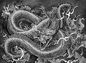 一隻詳細的黑白龍在旋轉的雲層中噴火。