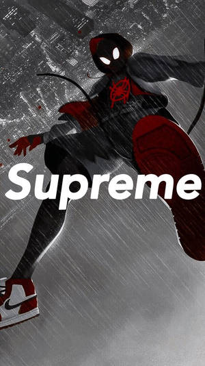 蜘蛛俠穿著紅黑戰衣在雨中跳過城市，帶有'Supreme'文字。 — 漫威超級英雄 壁紙