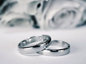 兩枚銀色結婚戒指，帶有鑽石，放在白色表面上，背景有模糊的玫瑰。 — 4:3 壁紙