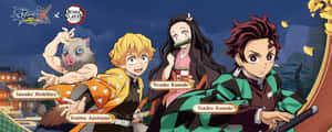 來自《鬼滅之刃》和《RWBY》的四個動漫角色在夜晚英勇擺姿勢，落葉飄落。