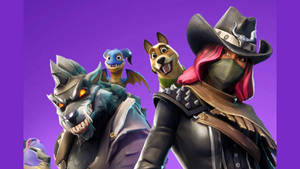 Fortnite角色，包括狼戰士、戴面具的牛仔、狗和龍，背景為紫色。 — 狼人 GIF 壁紙