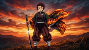 動漫戰士身披火焰斗篷，在日落時分的山上持劍。 — 煉獄 GIF 壁紙