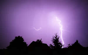 閃電擊中屋頂和樹木，背景是紫色暴風雨天空。 — 淺紫色動態圖片 壁紙