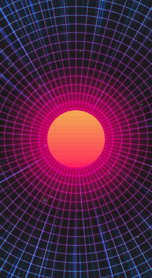 帶有發光太陽的霓虹網格隧道 — 霓虹 iPhone 壁紙