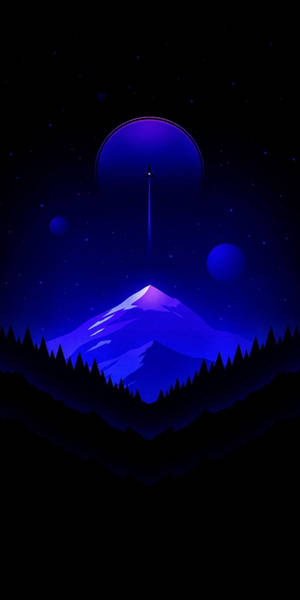 發光月亮下的紫色山峰，帶有漂浮球體和星星