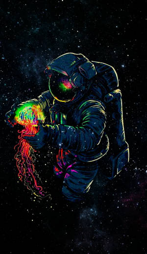 太空人漂浮在太空中，手持發光霓虹水母。