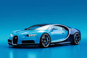 一輛藍色Bugatti Chiron跑車在攝影棚內，地板有反射效果。