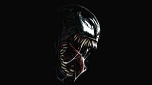 Venom漫畫角色，鋒利牙齒和發光眼睛，黑色背景 — 桌面美學 壁紙