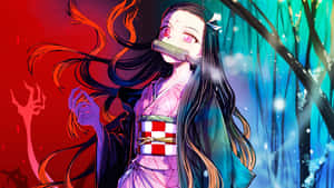 長黑髮粉紅眼睛的動漫女孩，在紅藍燈光的神秘森林中吹奏竹笛。
