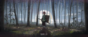 夜晚森林中的武士，伴隨著發光的月亮和螢火蟲。