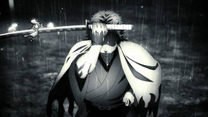 動漫戰士在雨中持劍，身穿深色斗篷，臉部被遮蓋。