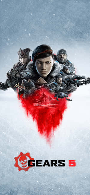 Gears 5 遊戲封面，雪地場景中裝甲戰士伴隨紅色飛濺。 — iPhone 13 Pro Max 壁紙