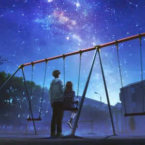 兩個青少年在鞦韆上凝視著繁星點點的夜空，閃爍的星座。 — 動漫手提電腦 壁紙
