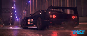 黑色跑車在夜間飄移，帶有發光的燈光和煙霧 — 2560x1080 壁紙