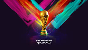 金色世界盃獎盃，帶有彩色抽象背景和Qatar 2022文字。