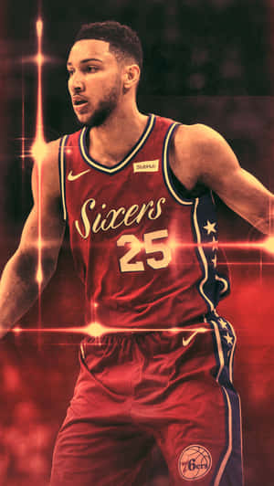 身穿紅色Sixers球衣的職業籃球運動員，帶有發光效果。