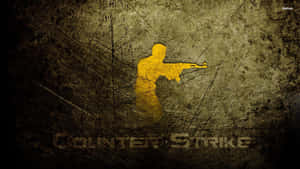 黃色士兵剪影在刮痕牆壁上瞄準步槍，帶有Counter-Strike文字。