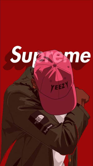 穿著Supreme和Yeezy品牌服裝的人站在醒目的紅色背景前。