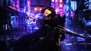 戴面具的戰士在夜晚的霓虹城市中手持發光劍 — 蝙蝠俠 壁紙