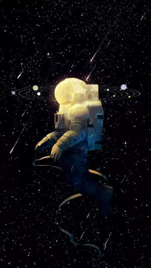 太空人在繁星點點的太空中漂流，伴隨著發光的行星和軌道衛星。