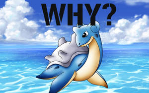 背背龍在海浪上背著一隻小寵物小精靈，上方有一個大大的「WHY?」文字。