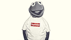 青蛙柯密特穿著白色Supreme T恤，帶有素描風格的陰影。