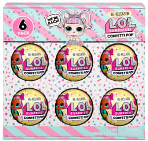 六個LOL Surprise Confetti Pop玩具包裝在一個帶有卡通角色的色彩繽紛盒子裡。