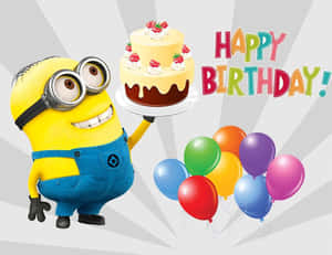 Minion拿著生日蛋糕，配有氣球和彩色文字