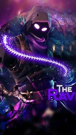 一個戴著兜帽、眼睛發光的戰士，在太空中揮舞著紫色能量劍。 — Fortnite 造型 壁紙