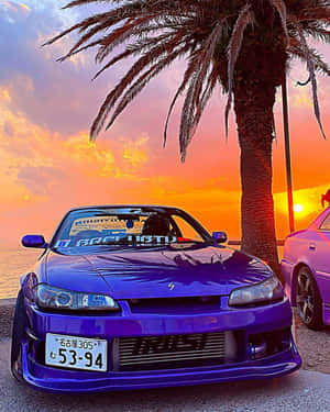 紫色跑車停放在棕櫚樹下，海邊夕陽