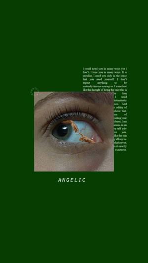 眼睛的特寫，反射出兩隻手互相伸向對方，帶有文字和單詞angelic。