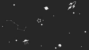 黑色背景上的白色線條藝術：星星、行星、火箭和UFO。