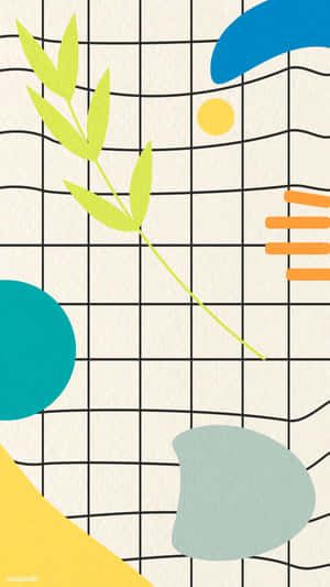 極簡幾何牆紙，帶有網格、葉子和彩色形狀。