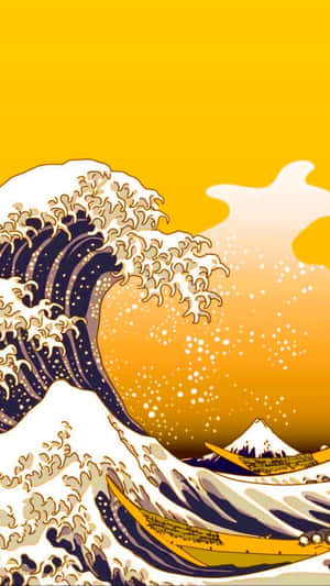 在金色天空下，一道巨浪伴隨著船隻和富士山。