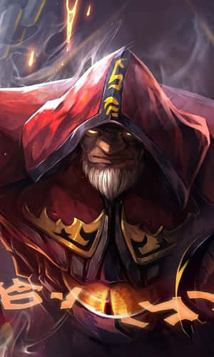 一個黑暗奇幻動畫巫師，眼睛發光，身穿華麗長袍，被火焰能量包圍。