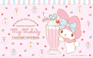 My Melody 手持一個巨大的粉紅色奶昔，上面有櫻桃和一隻老鼠。