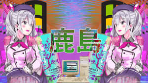 兩名動漫廚師少女喺霓虹燈場景中，企喺一部復古電腦同綠茶罐嘅兩側。