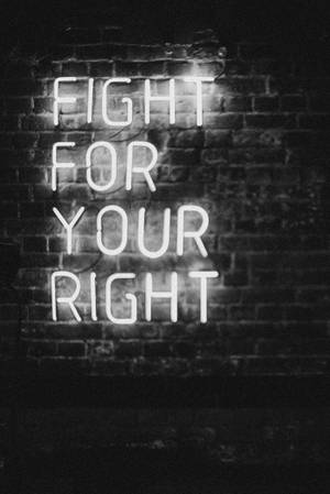 夜晚，一個寫著 fight for your right 的霓虹燈牌在黑暗的磚牆上。