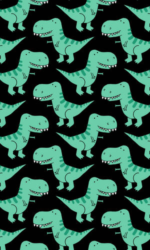 在黑色背景上重複圖案的青綠色卡通 T-Rex 恐龍。