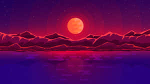 在發光的橙色月亮和星空下，紅色山脈倒映在紫色湖泊中。