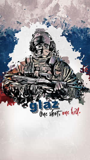 一名戴面具的士兵拿著步槍，帶有文字 glaz one shot one kill。 — 惡魔彩虹六號圍攻 壁紙