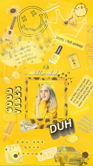 黃色拼貼，包含 Billie Eilish 照片、向日葵、語句和塗鴉。