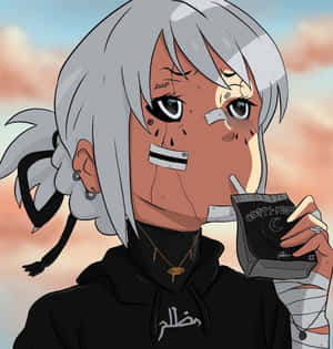 一個動漫少女，銀色頭髮，嘴被封住，喺日落天空下從黑色杯中啜飲。