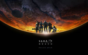 六名《最後一戰：瑞曲之戰》士兵在日落時分站在發光的外星行星前。