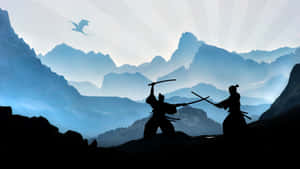 兩名武士戰士在山頂上刀劍相向，一條龍在黎明時分翱翔其上。