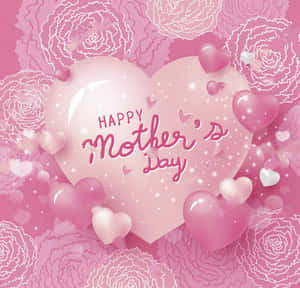 Happy Mother's Day 問候，帶有粉紅色心形和花卉背景。